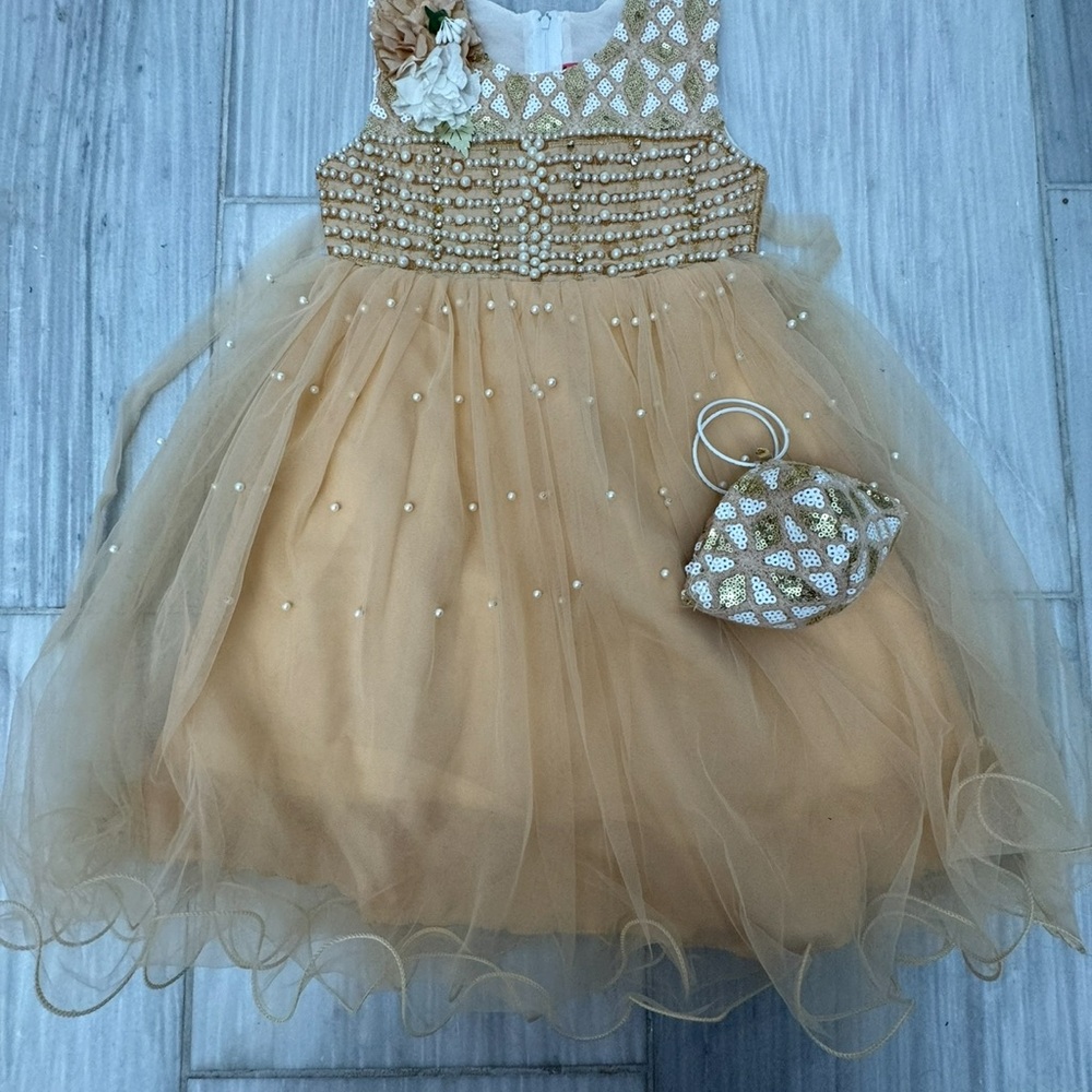 Girls Elegant Gold Tulle Dress with Matching Purse